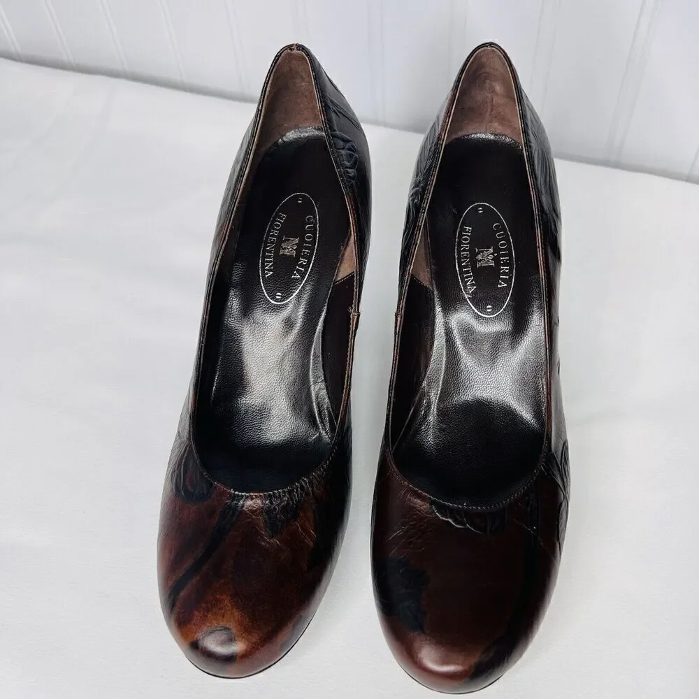 Cuoieria Fiorentina Italy Tuscan Sz 8.5 Heels Chocolate Brown Leather Floral